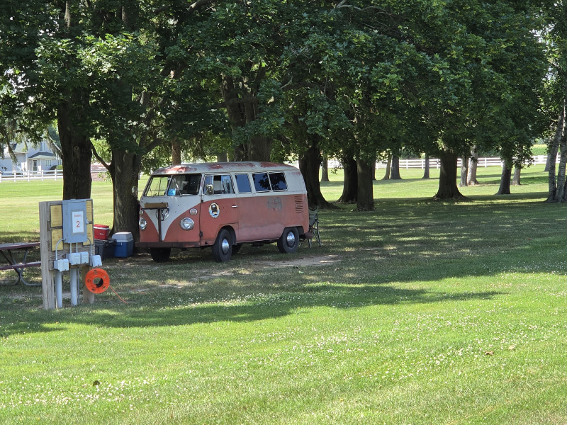 I got a nice shaded spot with electric. The German car show managers wanted me to put my bus in the show (free!) but I had too much camping crap with me and nowhere to put it, and the bus was dirty. I would have felt awkward putting a dirty bus in this show, even if it was patina. I was about 300 yards from the "town" but still had a dozen people walk over to check out the bus and say hi. I love this place.