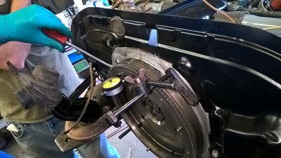 Mike and me get to measure crankshaft end play while Chuck picks the shims